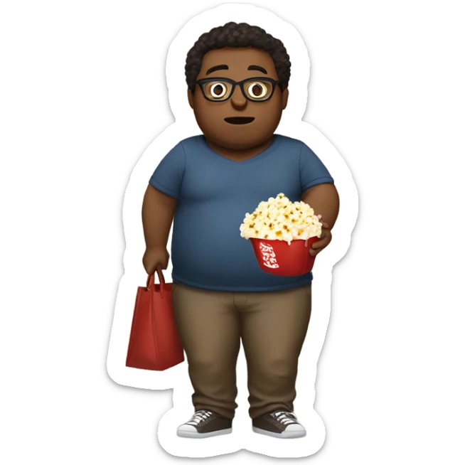 Fat Mocca-skin boy wearing glasses, holding popcorn in one hand and bag of nuts in the other hand  sticker