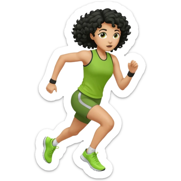 a woman with olive skin tone and curly black hair wearing green and running fast sticker