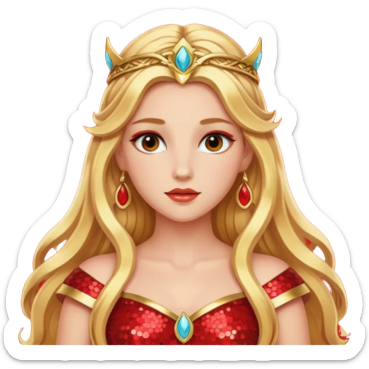 Freya, Goddess of Love from Gods and Goddesses with long golden blonde hair, red sequin outfit sticker