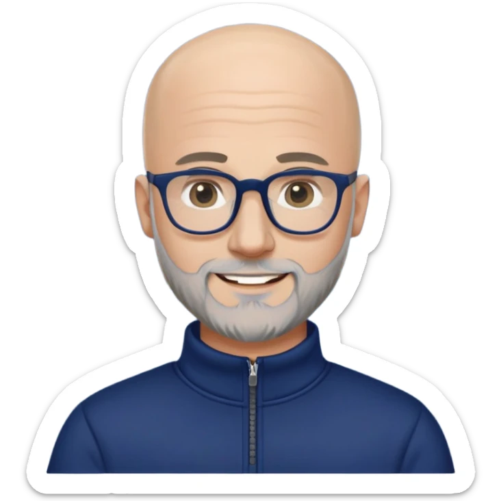 Caucasian man with skin fade haircut (bald on sides fading to short on top), short beard with gray streaks, large black eyeglasses, cheerful expression, navy blue long sleeve sweatshirt with quarter zip sticker