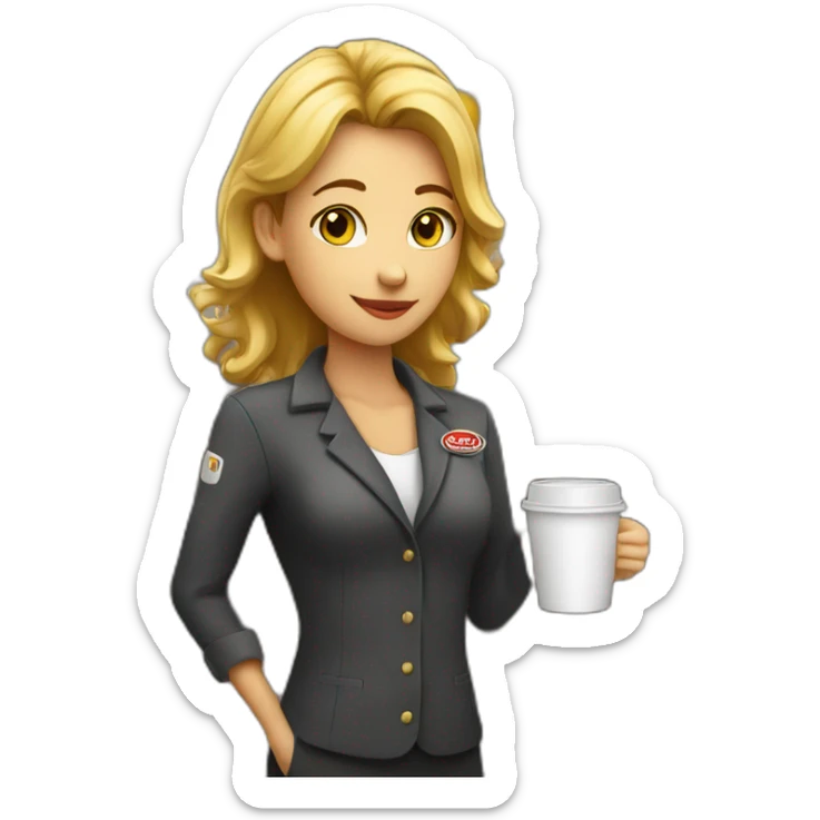 Female barista wear uniform and stand near coffee shop with cup of coffee and a cigarette sticker