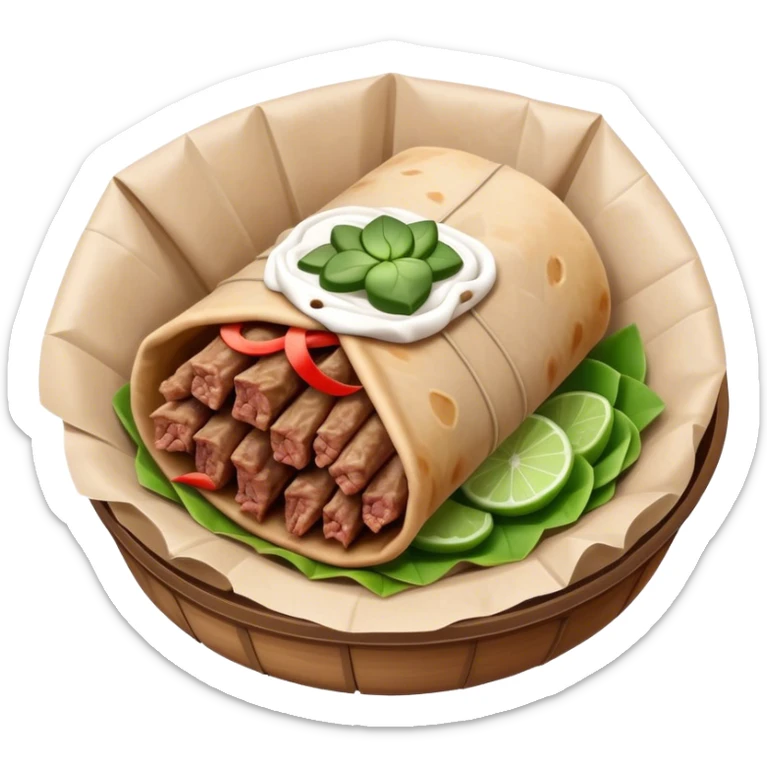 Gyros Cinematic Realistic Gyros Dish Emoji, depicted as succulent, spiced meat wrapped in paper for easy handling, rendered with lifelike textures and dynamic, warm lighting. sticker