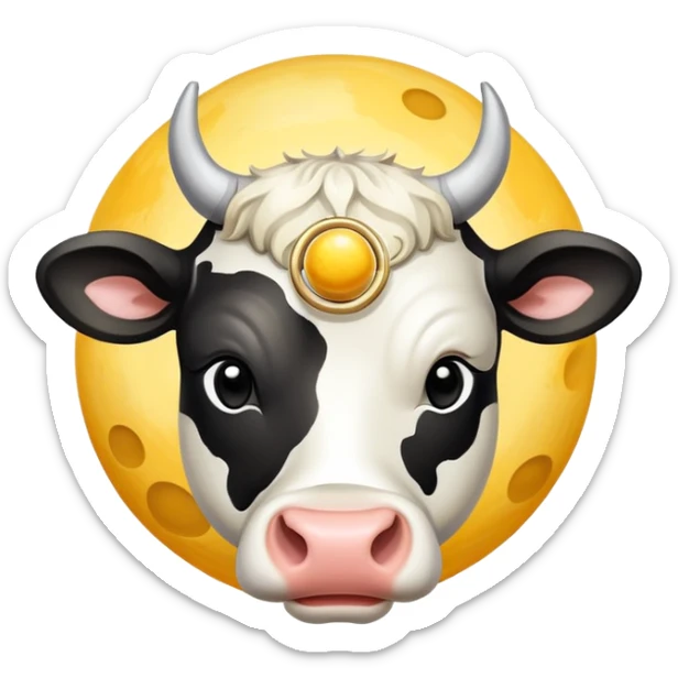 A spotted black and white cow head with Saturn's yellow-beige planet as the body and its iconic rings around the middle sticker