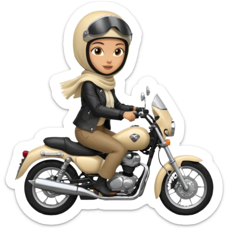 A woman wearing a cream colored pashmina hijab riding a motorbike sticker