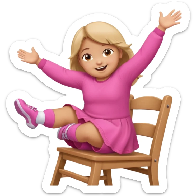 Little Girl fat but not too fat standing but falling off of a chair half in the air chair with pink clothes on standing on chair but fell off sticker
