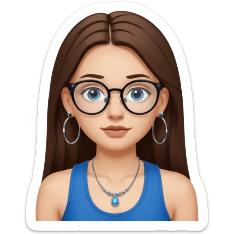 White girl with long brown hair, part going more to the RIGHT side, BLUE eyes, wearing BLACK plastic frame glasses. SEPTUM nose piercing hoop (at bottom of nose) AND stud nose piercing on right side of nose. Wearing BLACK tank top. Wearing big hoop earrings. No necklace! sticker