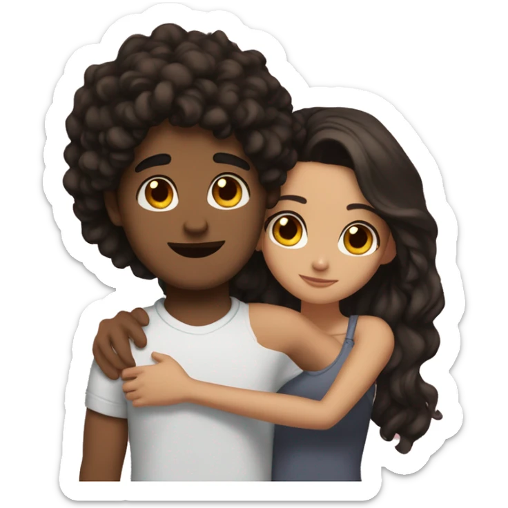 girl with dark brown hair and brown eyes hugging guy with dark brown hair and brown eyes and tattoo on neck sticker
