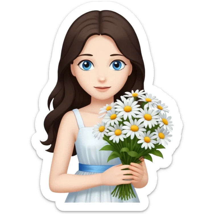 A lady stand with dark brown long hair and blue eyes, wearing a white dress, holds a bouquet of daisies.  sticker
