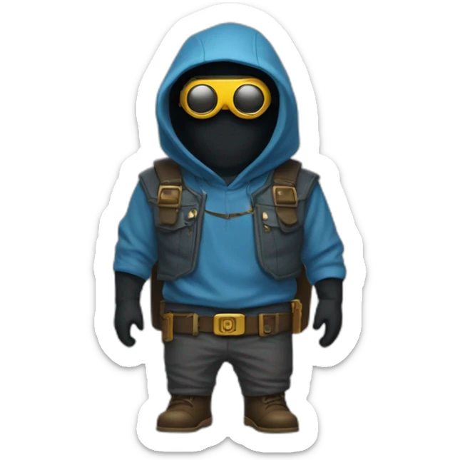 no face normal minion with glasses in hood in blue sleeveless shirt with two pistols in his hands with a gold insert on the belt in gray pants and leather boots sticker