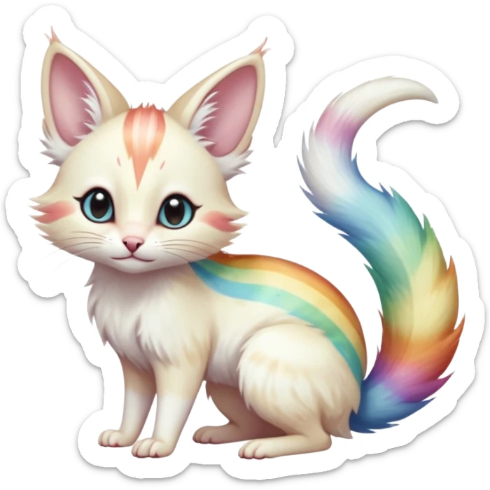 cute adorable white albino fur with random colorful iridescent rainbow markings beautiful elegant pretty precious cute  Fakémon-Pokémon-opossum-feline-serval-caracal-chinchilla-Minccino-hybrid-creature with a big fluffy bushy striped tail (full body) sticker
