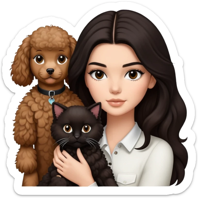 Kendall Jenner with long dark hair, holding a brown poodle and a black and white cat sticker