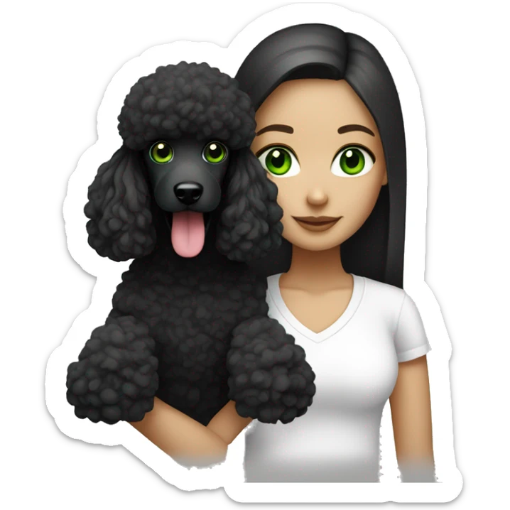 girl in white t shirt with long straight brunette hair and green eyes with black  poodle sticker