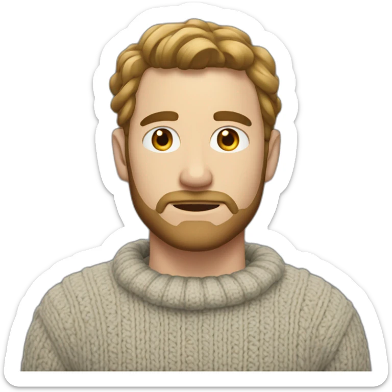 White man with a short beard and tied up shoulder length hair, wearing a necked wool sweater sticker