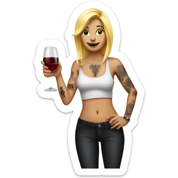 Blonde women in, her body covered with tattoos, wine in her one hand and pointing you with other hand with her pointer finger sticker