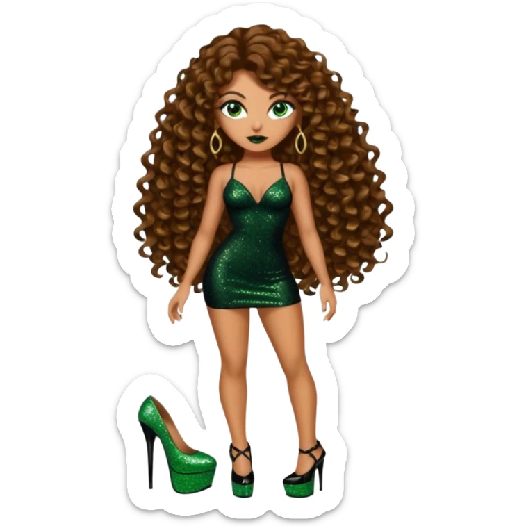 Half naked green eyes brown long curly hair woman, gang drug lord mafia boss style with 7 inch platform stripper high heels black glitter dress sticker