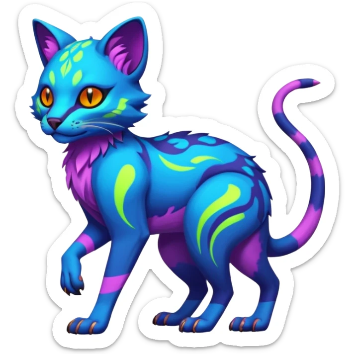 Neon-colored fantasy feline-marsupial-vernid-protogen-primagen-fursona animal creature full body with intricate markings  sticker