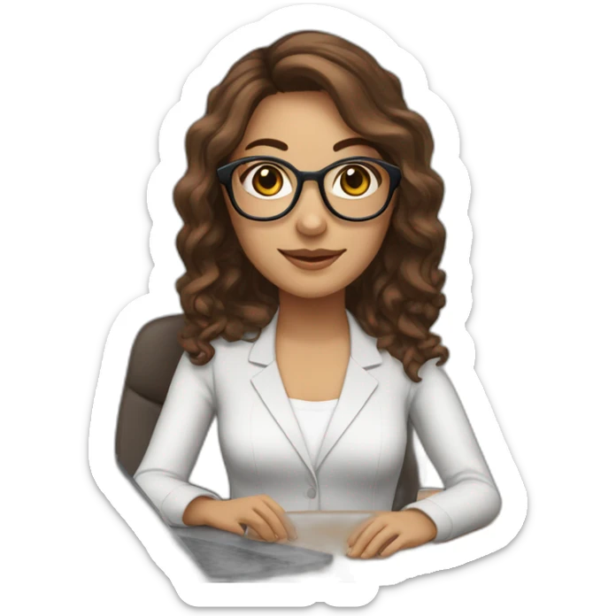 Support analyst woman white, brown curled long hair, brown eyes, Brazilian, white glasses, with a computer and a headset sticker