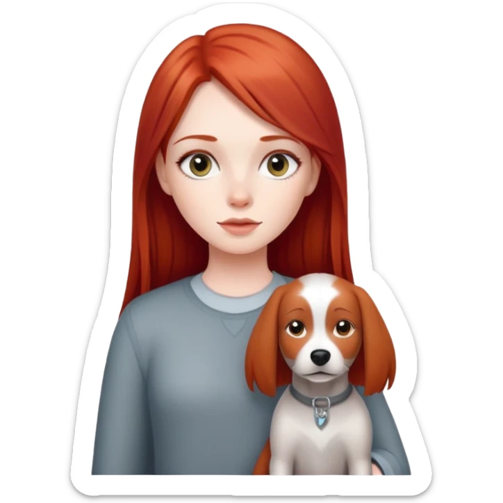 Girl with straight and long red hair with a gray dog sticker