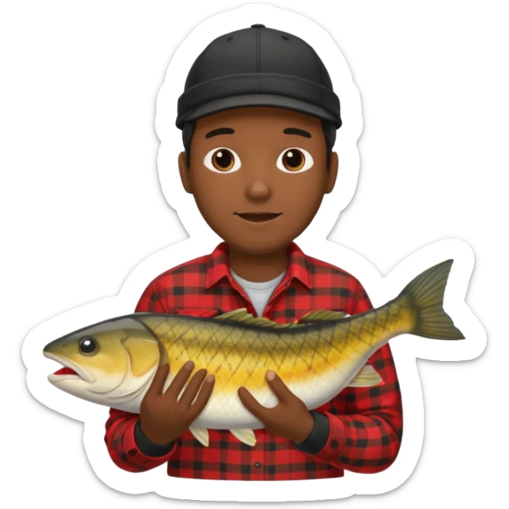 Ung man med svart keps röd gul rutig flanellskjorta hållandes stor torsk sticker