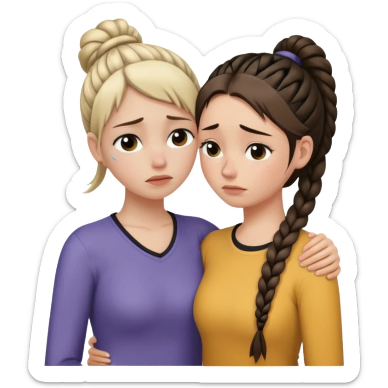 Comforting Hug two white skin women, one shorter woman with medium brown simple top ponytail, not braided, and one taller skinny sad face woman with a single long black side braid sticker