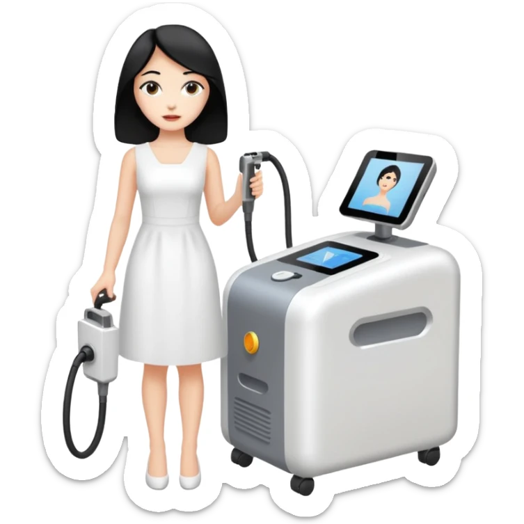 Hada con máquina de depilación láser con vestido blanco y pelo negro  sticker