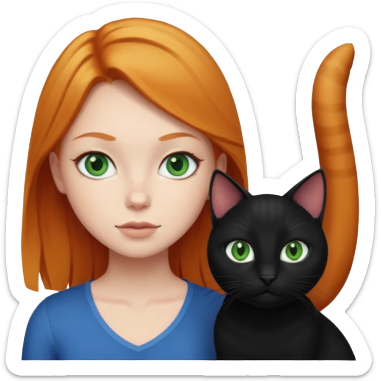 ginger girl with green eyes beside a blonde girl with blue eyes and a black cat sticker