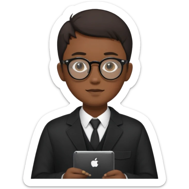 a asia man guy his 20s wearing an apple notebook, wearing bodyguard radio operator, round glasses, blackclothes sticker