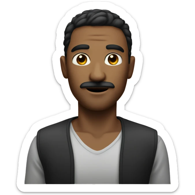 A man with small middle mustache and hair to the sides looking straight to the caMERA sticker