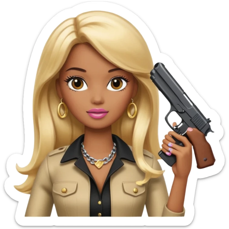 Brown skin blonde hair barbie with black gun sticker