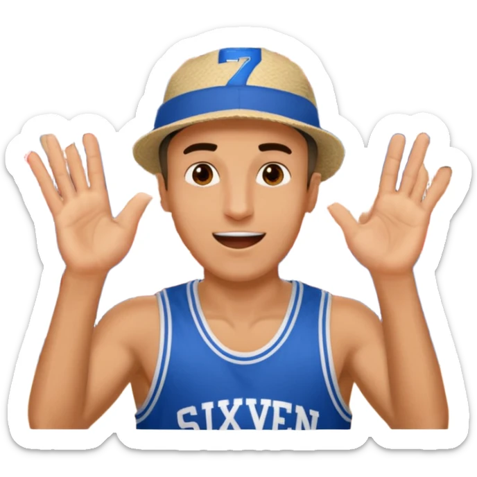 Maverick Trevillian in the crowd at an amateur basketball game. He leans towards the camera and enthusiastically shouts "six seven while performing a distinctive hand gesture: both hands open, palms facing upward, moving up and down as if weighing two options. sticker
