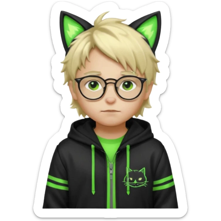 Light blond, slightly messy hair
Black glasses
A black hoodie with cat ears
Neon green details on the jacket and pants (glowing lines and stripes)
An overall hacker / cyberpunk style look
A neutral facial expression (boy )eyes brown) the hood with ears BROWN EYE sticker