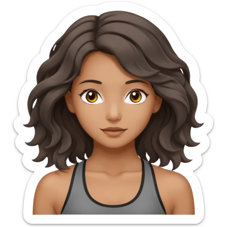 a brunette girl doing yoga, she is wearing a grey fit and she has dark wavy and loose hair.  sticker