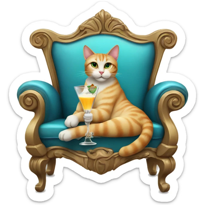 A cat lounging on a throne holding a fancy martini glass filled with milk sticker