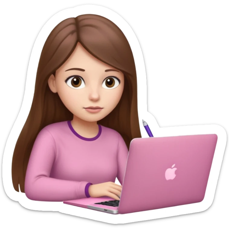 Chica lacia peli larga y peli larga  en una MacBook rosa investigando y haciendo tareas con un libro de apuntes y con cara muy linda como modelo sticker
