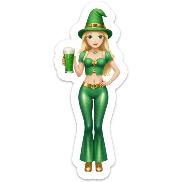 Blonde haired pretty woman with freckles glittery green bell bottoms and tall leprechaun hat holding a green beer sticker