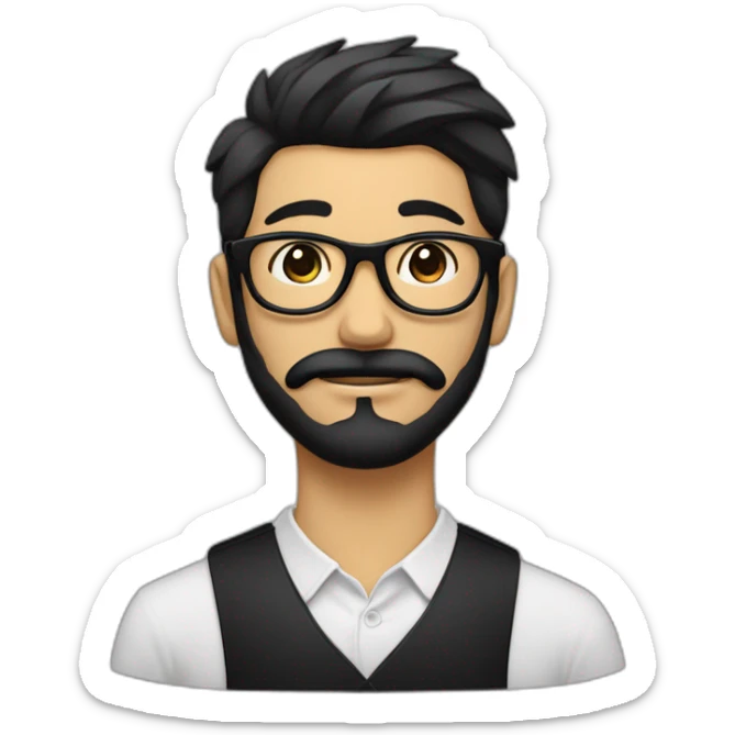 Joven japones con barba de candado y bigote negro. Cabello lacio, ojos negros y gafas rectangulares negras sticker