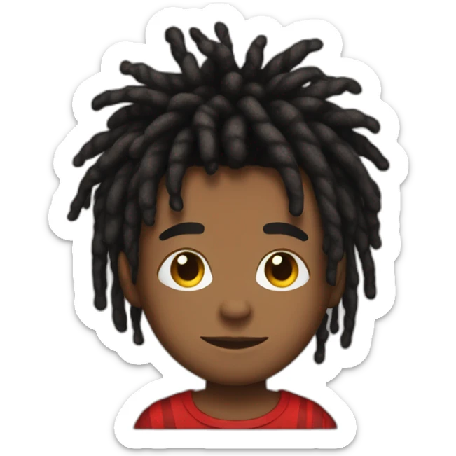 Brownskin boy with red and black striped dreads,  black t shirt,  not smiling sticker