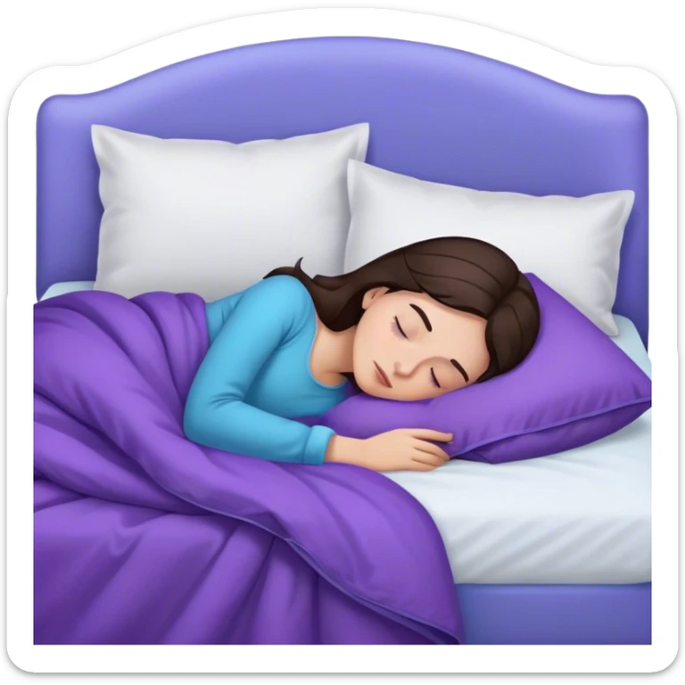 a white bed with a purple-blue duvet cover and a girl sleeping in it with dark brown hair sticker