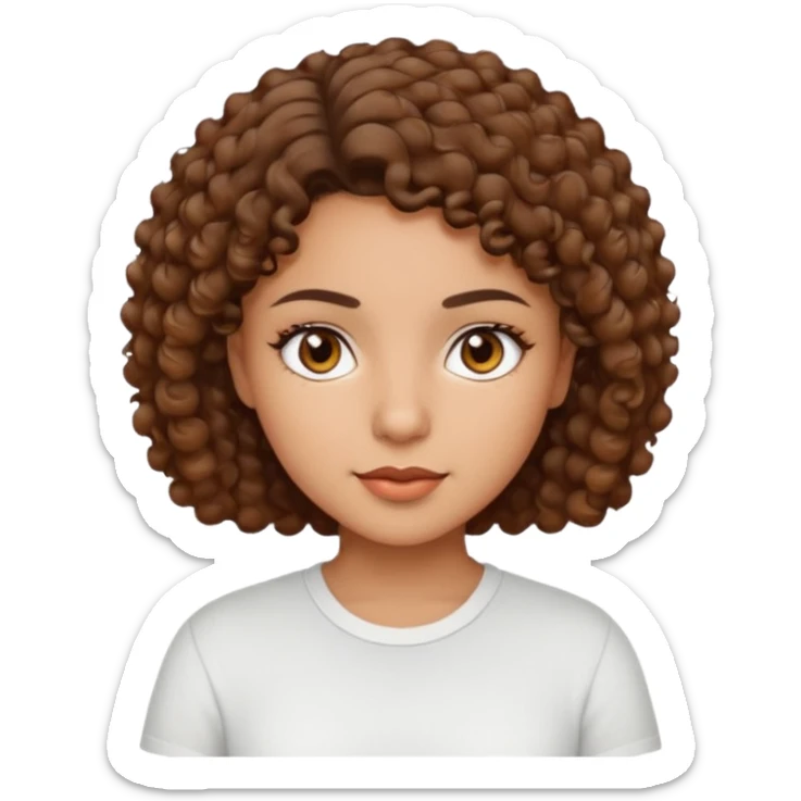 A Latina girl with brown eyes and short curly hair with a white shirt sticker
