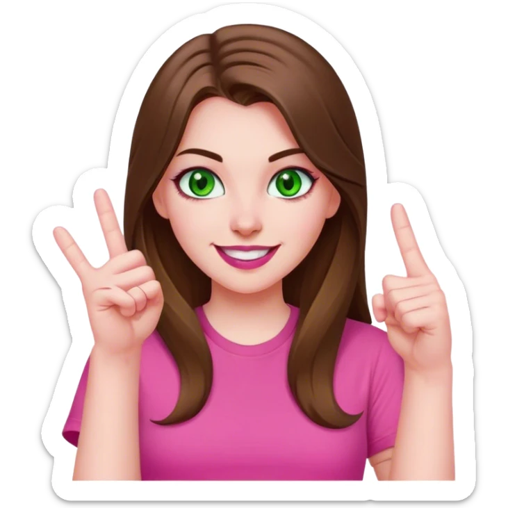 mid sized white skinned girl with green eyes and long brown hair showing her middle finger smiling maniacally in a pink t-shirt with pink lips sticker