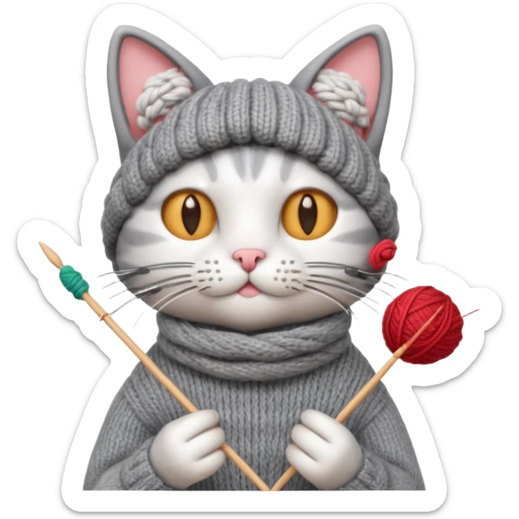 knitting cat portrait, head and shoulders only, cute cat holding knitting needles and yarn, cozy expression, warm handmade vibe, 3D cartoon style, mobile game icon style, clean background, no text, no watermark
 sticker