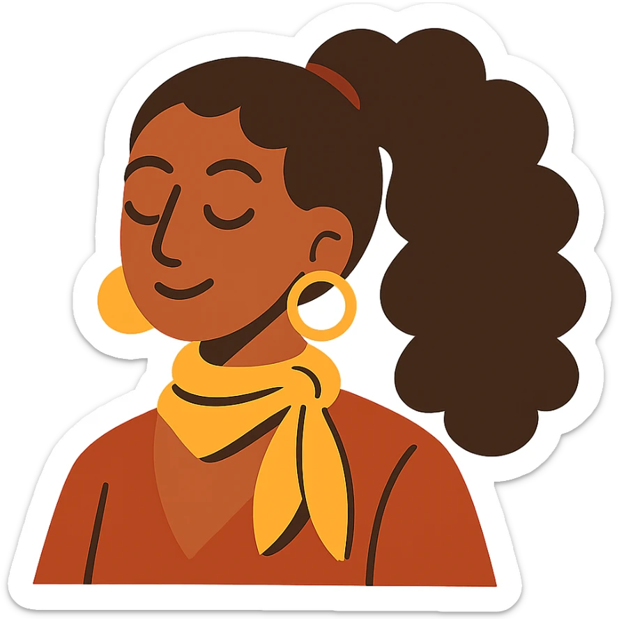 boho girl with brown skin, long curly brown hair in a high ponytail, lemon yellow scarf, round earrings sticker
