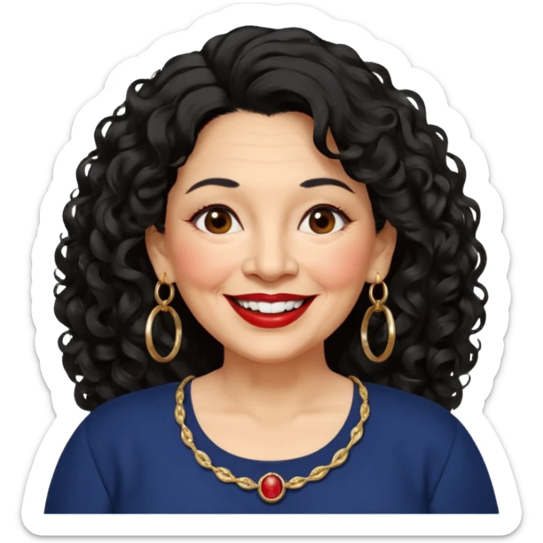 60 yr old Mexican woman, slightly chubby, wavy/curly long black hair, red lipstick, big smile, white teeth, brown eyes, hoop earings, side part to hair, round face, nice blouse, no wrinkle hair side swept, big hoop earing sticker