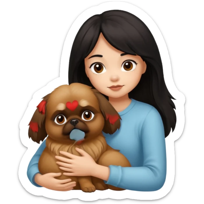 black hair girl hugging brown pekingese dog that looks a little bit like brown gremlin sticker