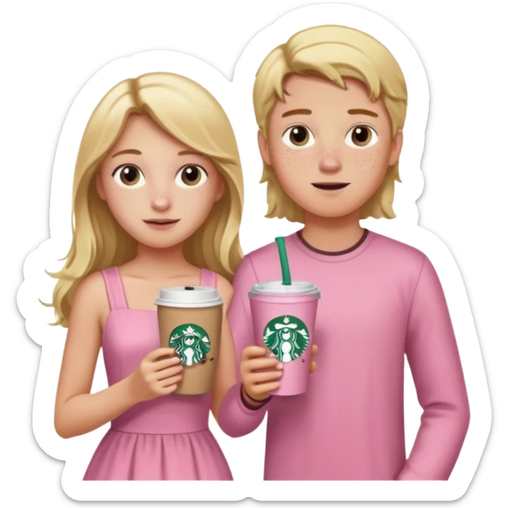 teenager girl and boy  blond w/ freckles long hair pink dress with starbucks sticker