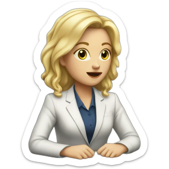 Blonde white woman wearing a suit sitting on the table telling the news towards the camera sticker