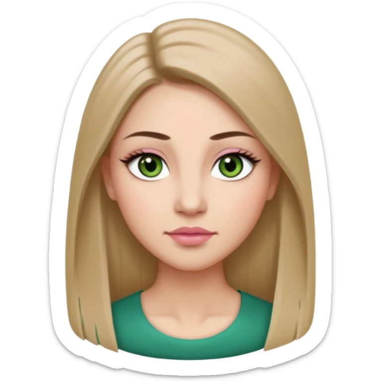 Adult woman avatar, light skin tone, oval face, long straight ash-brown hair, green almond-shaped eyes with dramatic eyelashes and minimal eyeliner, neutral mouth, medium straight eyebrows, small nose, natural pink lips, smooth skin with light natural blush sticker