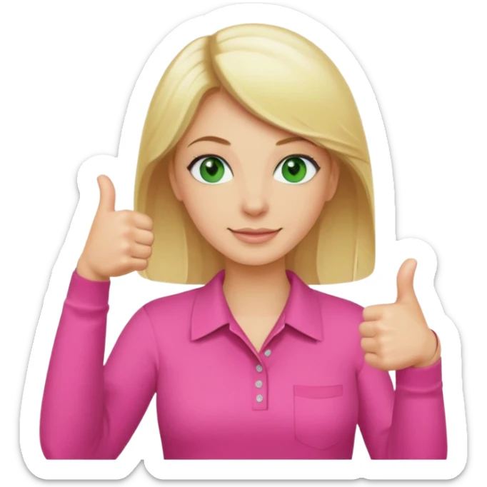 Blonde woman. Green eyes. Pink shirt. Both thumbs up  sticker