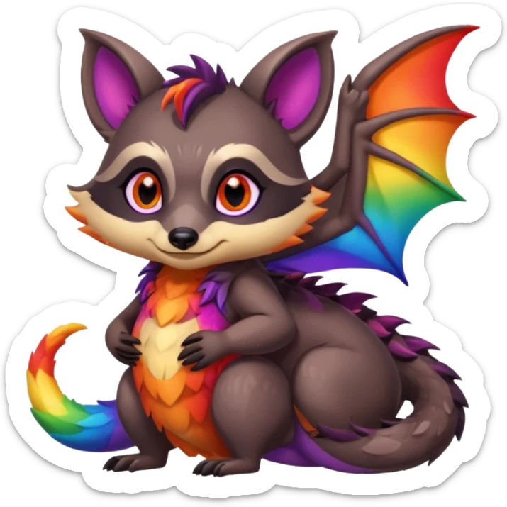 black female raccoon dragon hybrid with rainbow colored wings and purple eyes hugging red female raccoon dragon hybrid with rainbow colored wings and orange eyes sticker