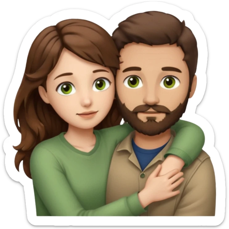 a man with short brown hair and brown beard with brown eyes and a girl with long brown wavy hair with green eyes, togheter. neutral clothes, hugged each other sticker